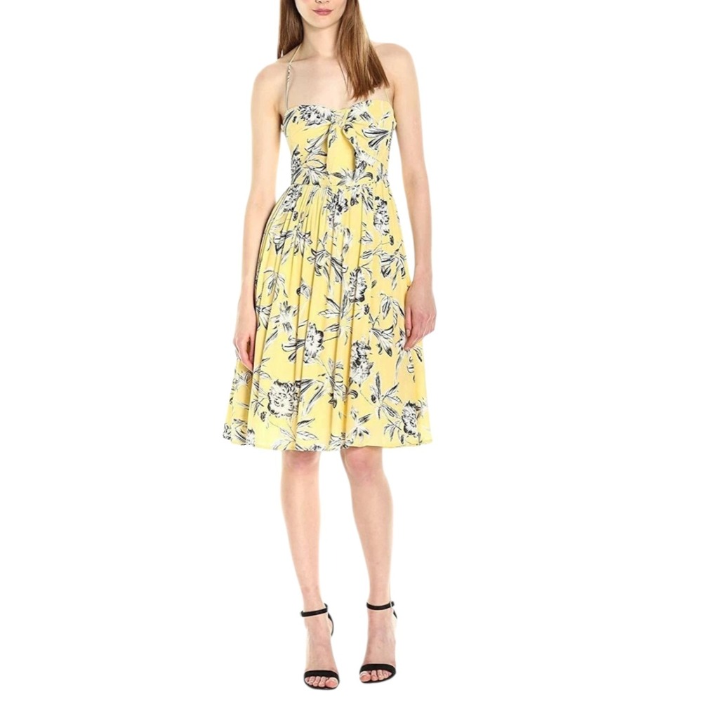 Bb Dakota Dress Size 6 Tie Front Halter Convertible Yellow Floral Tea Party‎ New